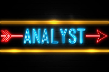 Analyst  - fluorescent Neon Sign on brickwall Front view