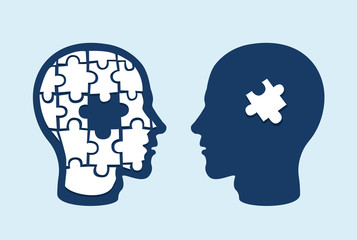 Puzzle head brain. Two face profiles against each other with one missing jigsaw piece cut out