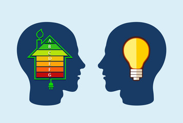 Energy efficient house concept with classification graph and idea light bulb inside two men heads