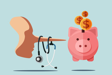 Healthcare fraud and corrupt doctor concept. Dishonest man physician with stethoscope wrapped around long nose looking at a piggy bank with money. Plastic surgery myth - obrazy, fototapety, plakaty