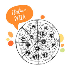 Hand drawn vector illustrations. Design template - Pizza. Italian food. Design elements in sketch style. Perfect for menu, delivery, blogs, restaurant banners, prints etc