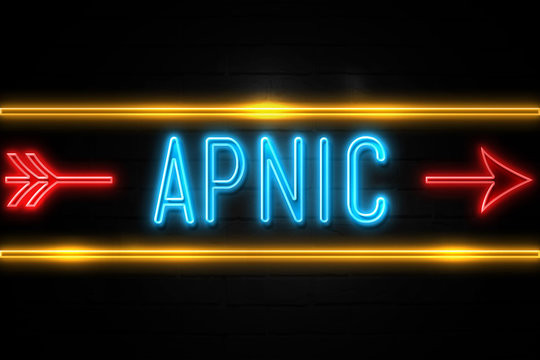Apnic  - fluorescent Neon Sign on brickwall Front view