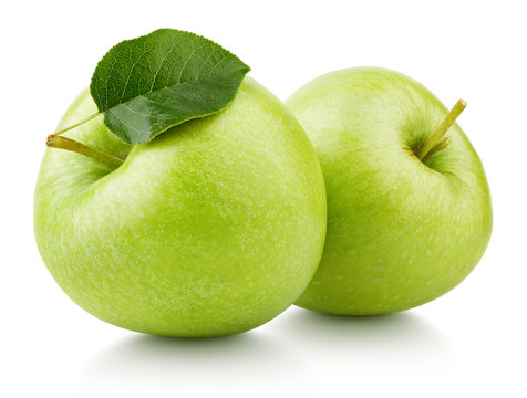Two ripe green apple fruits with apple leaf isolated on white background. Green apples with clipping path