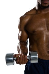 Cropped image of muscular sportsman exercising with dumbbells