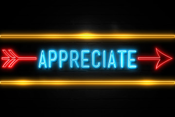 Appreciate  - fluorescent Neon Sign on brickwall Front view