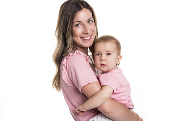 portrait of a mother with baby isolated on white