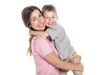 happy young mother with a child on white background
