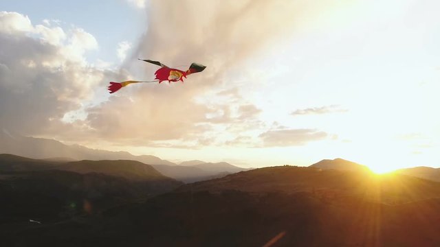 Rainbow kite flying in blue sky with clouds. Freedom and summer holiday concept 4k slow motion