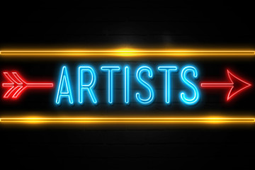 Artists  - fluorescent Neon Sign on brickwall Front view