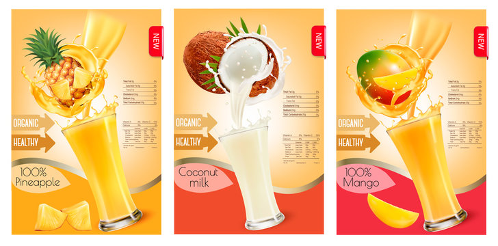 Set of labels of of fruit in juice splashes. Pineapple, coconut, mango. Vector.