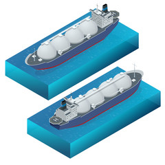 Obraz premium Isometric vector illustration gas tanker, flat design isolated on white background. Cargo ships. Oil, gas tanker. Container ship. LNG tanker