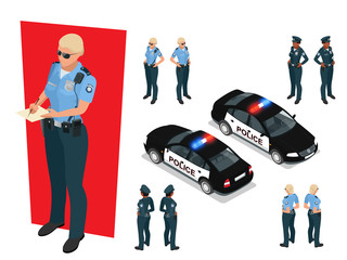 Isometric police-officer in uniform and police car. Vector illustration Isolated on white background. Police officer emergency service car driving street © Golden Sikorka