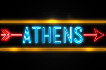 Athens  - fluorescent Neon Sign on brickwall Front view