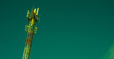 Broadcast pole and Telephone transceiver with blue sky.Public loudspeakers broadcast 