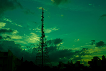Obraz premium Broadcast pole and Telephone transceiver with blue sky.Public loudspeakers broadcast 