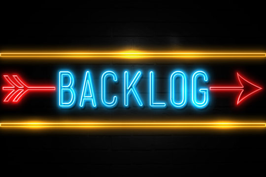 Backlog  - fluorescent Neon Sign on brickwall Front view