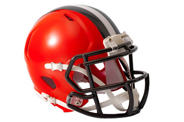 Red or orange american football helmet with black and grey stripe along the crown of the helmet...