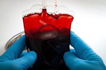 Blood transfusion and donations to the blood bank concept with doctor or nurse wearing blue latex...