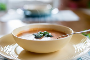 Closeup of warm tomato basil soup for lunch