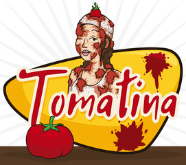 Beautiful Woman over Greeting Sign and Tomato Celebrating Tomatina Festival, Vector Illustration