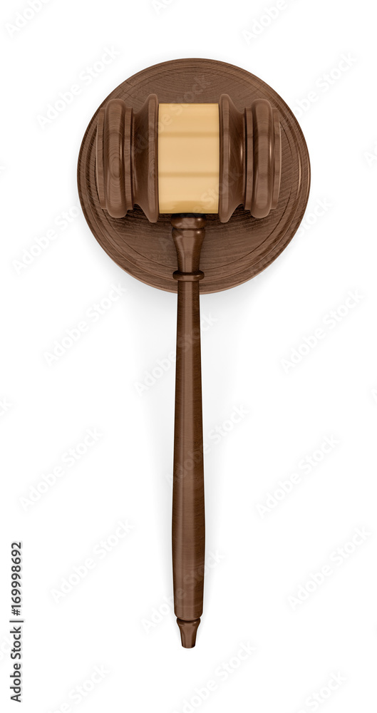 Leinwandbilder 3d rendering of an isolated dark wood judge gavel resting on a sound block in top view.