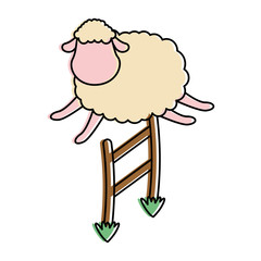cute sheep jumping the fence vector illustration design