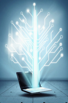 A laptop and a circuit board tree