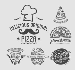 Delicious original Italian pizza house monochrome emblems set