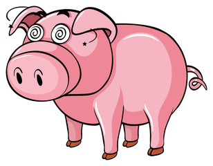 Dizzy pig on white background