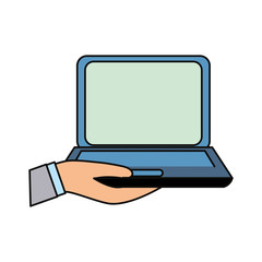 hand holding a laptop computer icon over white background vector illustration