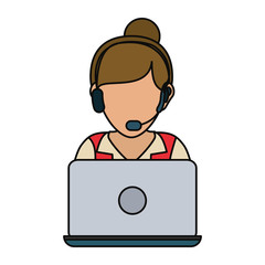 woman with headset and laptop computer icon over white background colorful design vector illustration