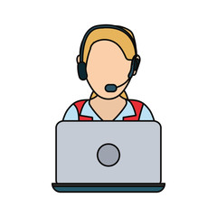woman with headset and laptop computer icon over white background colorful design vector illustration