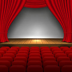 Open premium red curtains theater background movie presentation design and premiere now show. scene and seats. Vector Illustration