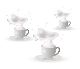 Three white cups with milk, yogurt and cream. Vector