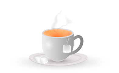 A white cup of tea with teabag and sugar. Vector.