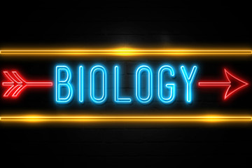 Biology  - fluorescent Neon Sign on brickwall Front view