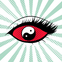 Female eye with yin yang eyeball in pop art style