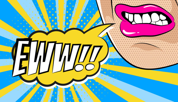 Woman face with disgusting expression in pop art style