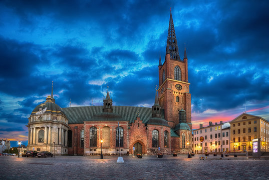 HDR image of Riddarholmen Church at dusk located in Old Town (Gamla Stan) of Stockholm, Sweden