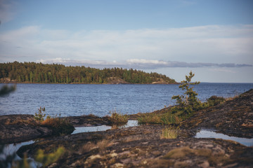 Beautiful northern nature: islands, a lake, the sky is reflected in puddles