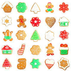 Delicious Christmas cookies on white background