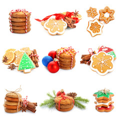 Delicious Christmas cookies on white background