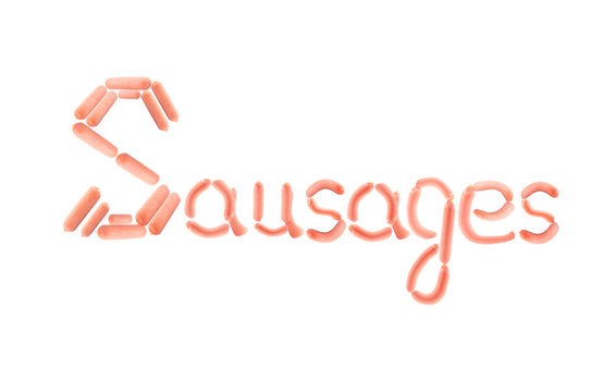 Word made of sausages on white background
