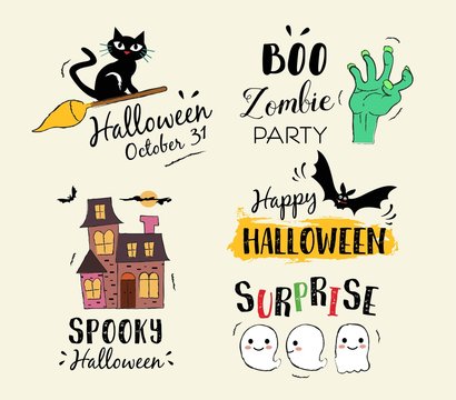  Happy Halloween hand drawn illustrations and elements. Halloween design elements, logos, badges, labels, icons and objects.
