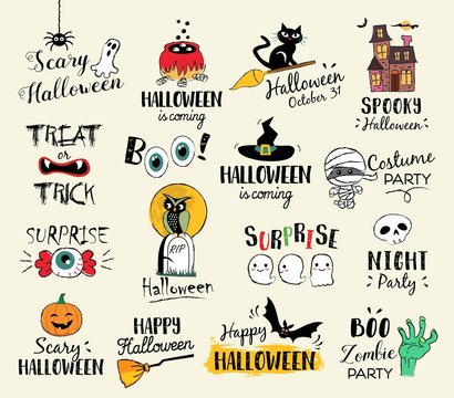 Happy Halloween hand drawn illustrations and elements. Halloween design elements, logos, badges, labels, icons and objects.