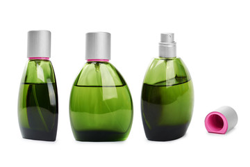 green perfume glass bottles isolated on white background. Set of perfumes