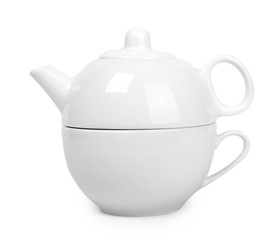 white ceramic kettle or teapot with cup. Isolated on white background