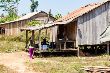 The view of rural wooden houses in Cambodia