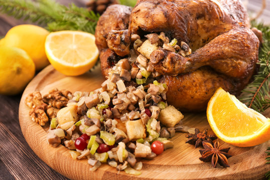 Roasted turkey with stuffing served on holiday table