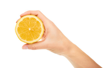 female hand holding lemon. Isolated on white background